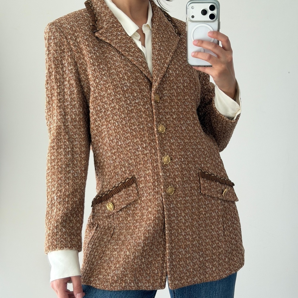 St John Tweed Jacket 12 Brown Textured Knit Gold Button Fringe Equestrian Luxury - Picture 2 of 16